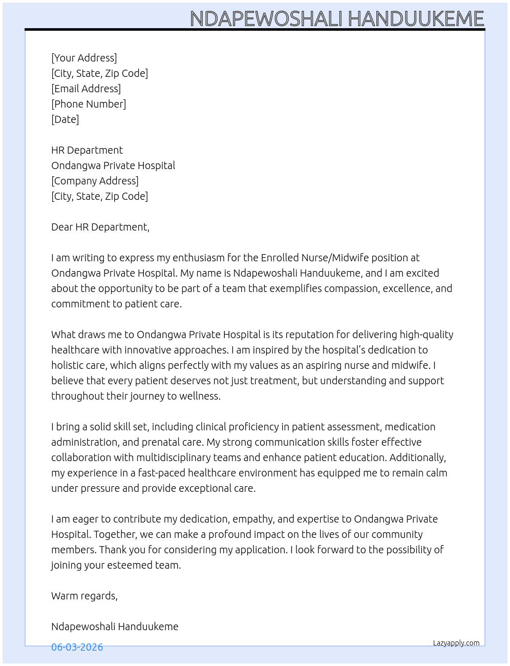 Enrolled Nurse/Midwife  At Ondangwa Private Hospital  Cover Letter