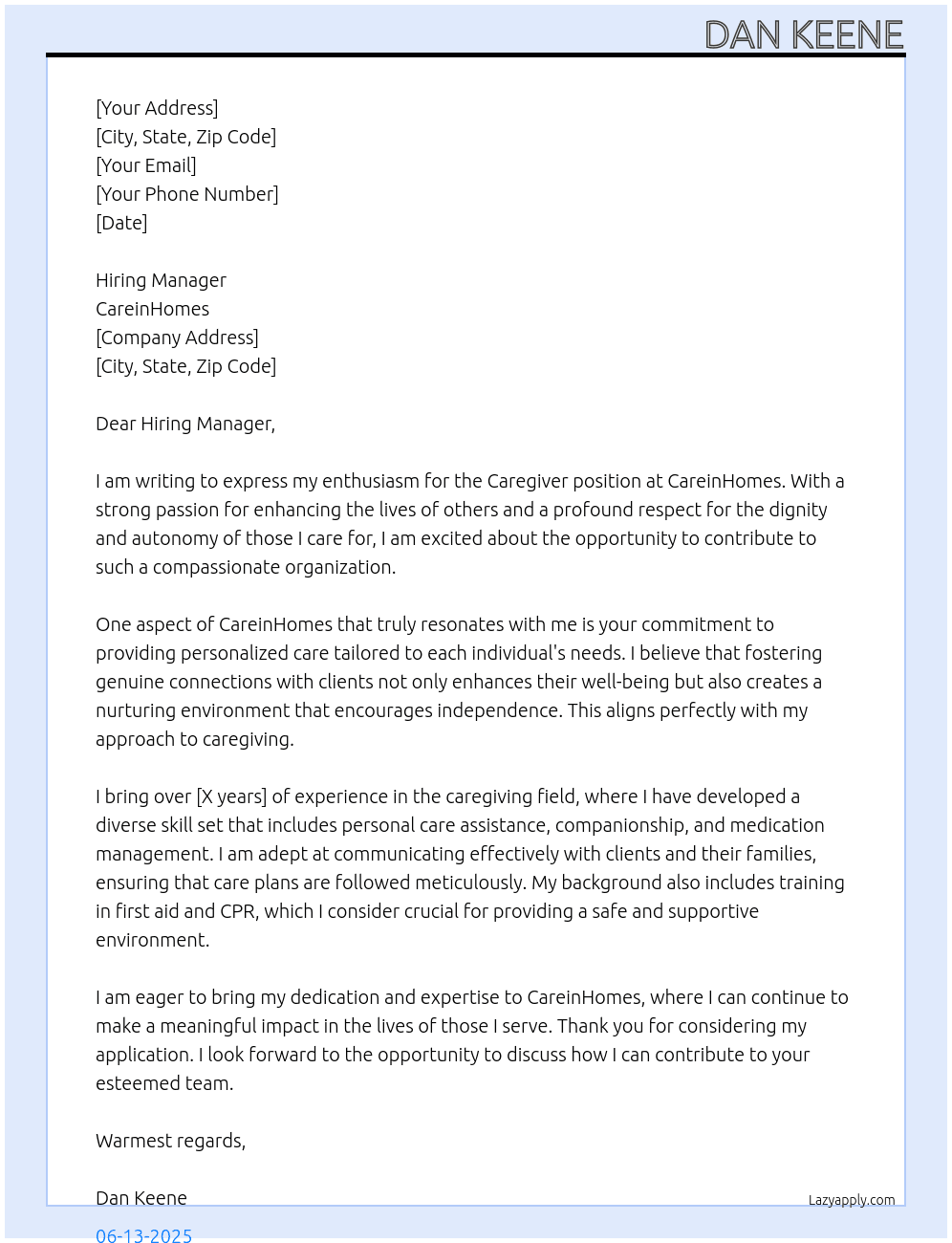 Caregiver At CareinHomes Cover Letter