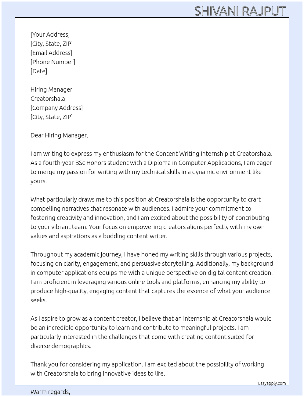 Content writing internship  At Creatorshala  Cover Letter