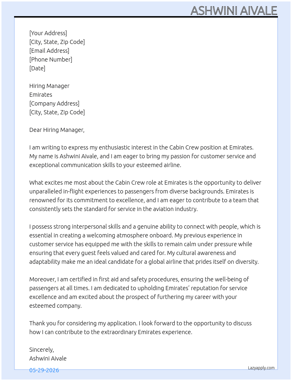 Cabin crew  At Emirates  Cover Letter