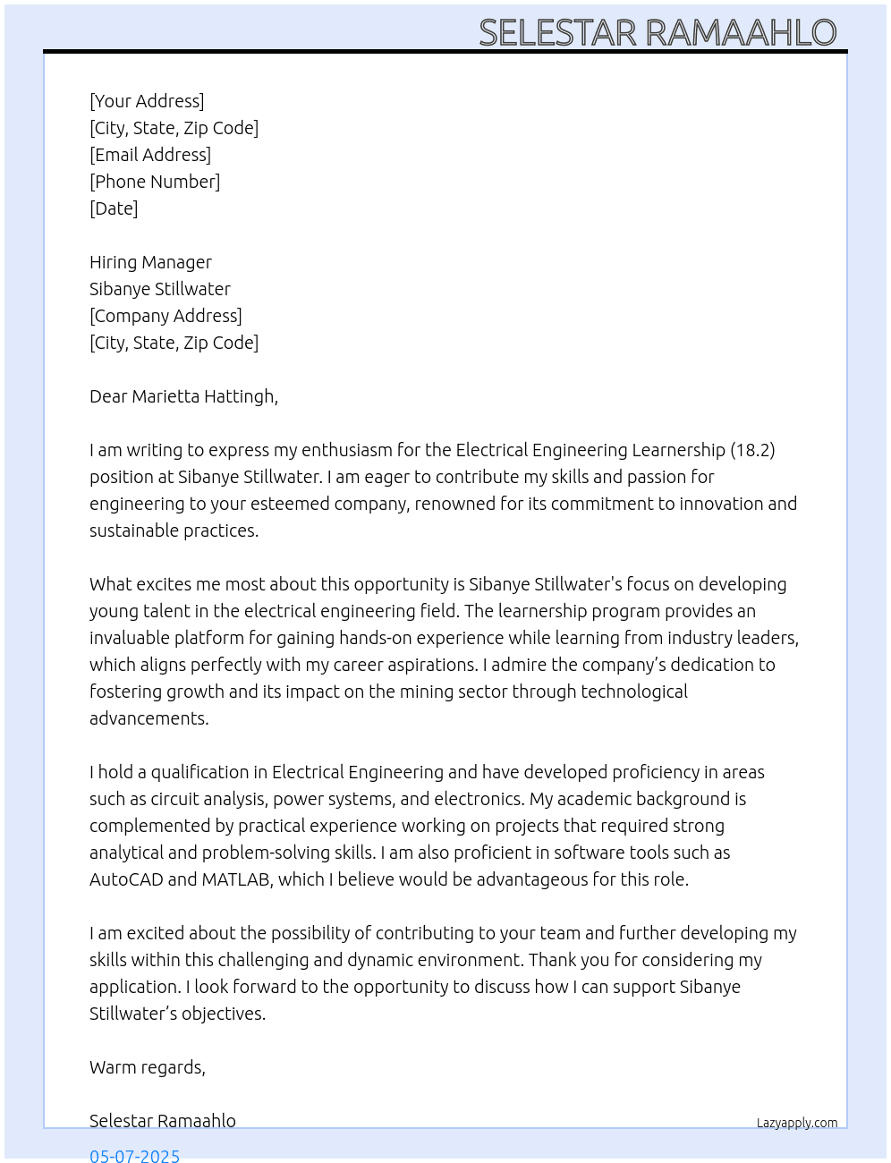 Cover letter for electrical engineering learnership 18.2 - LazyApply