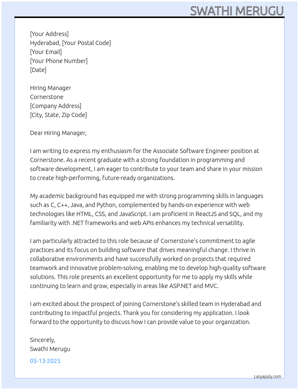 Associate Software Engineer At Cornerstone Cover Letter