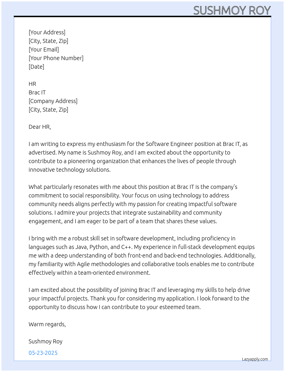 Software Engineer At Brac IT Cover Letter