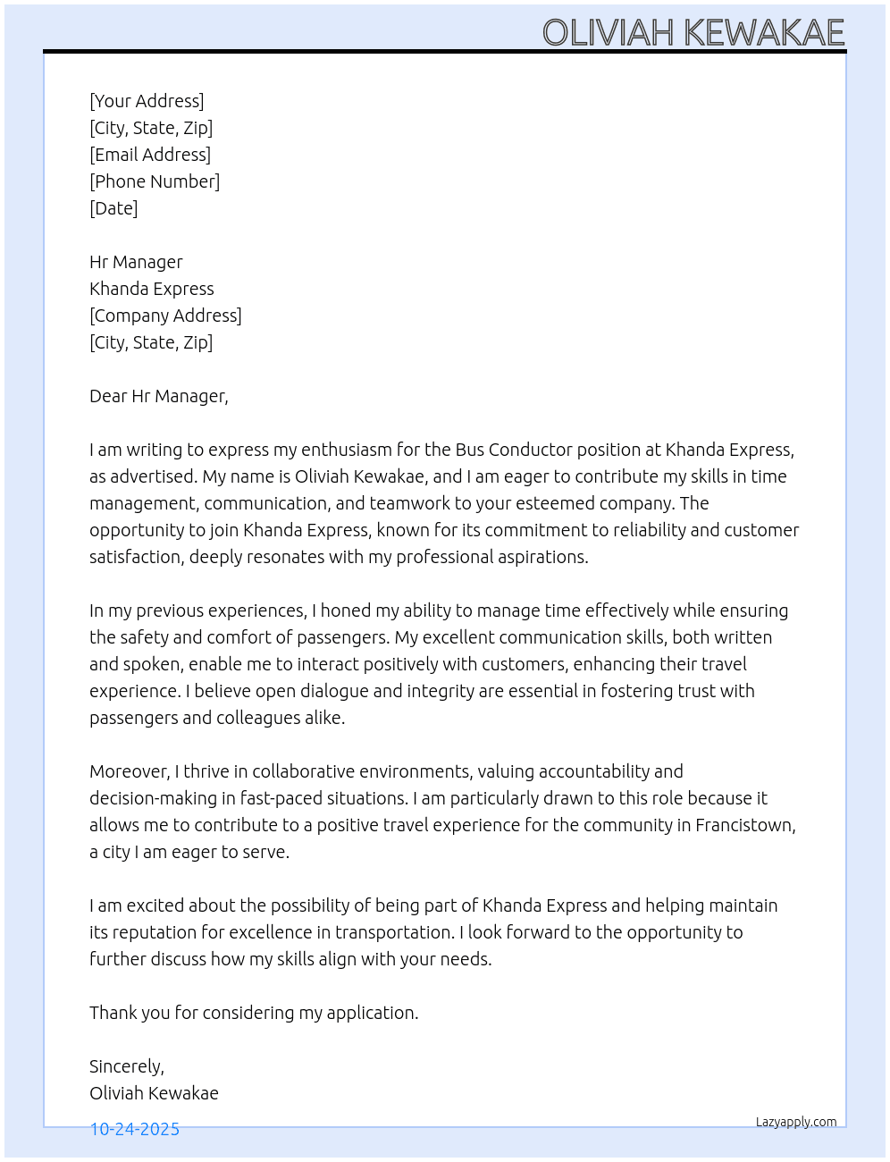 Bus Conductor At Khanda Express Cover Letter