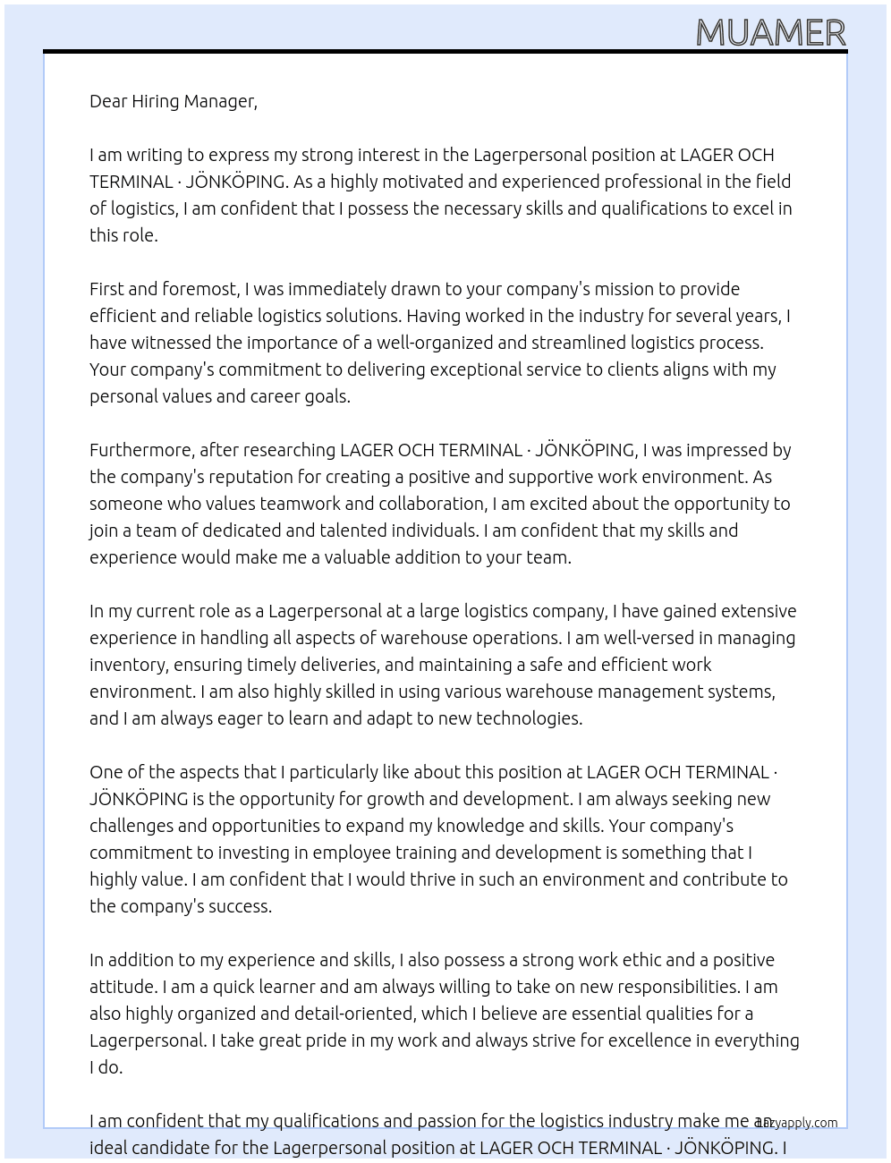 Cover letter for lagerpersonal - LazyApply