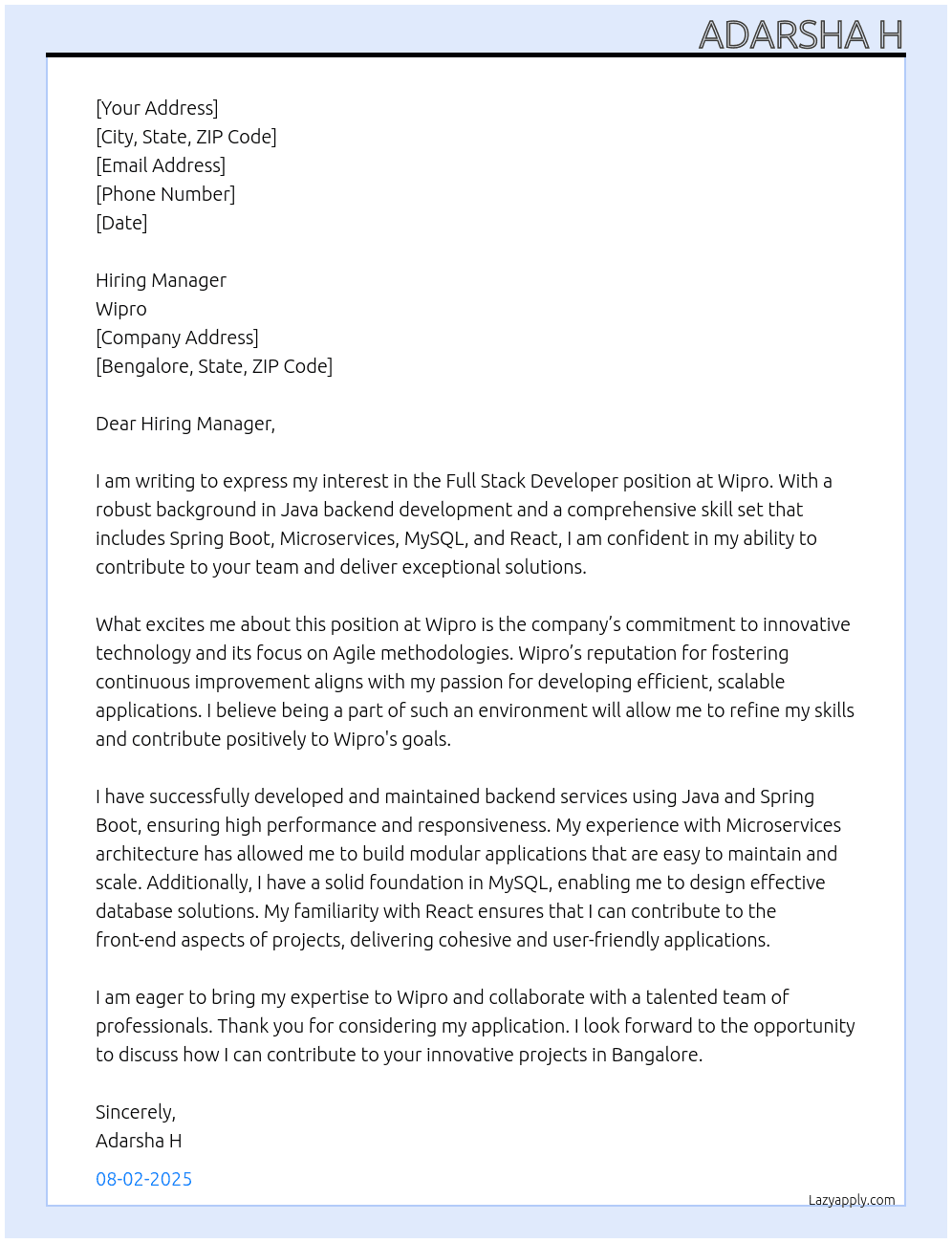 Full Stack Developer At Wipro Cover Letter