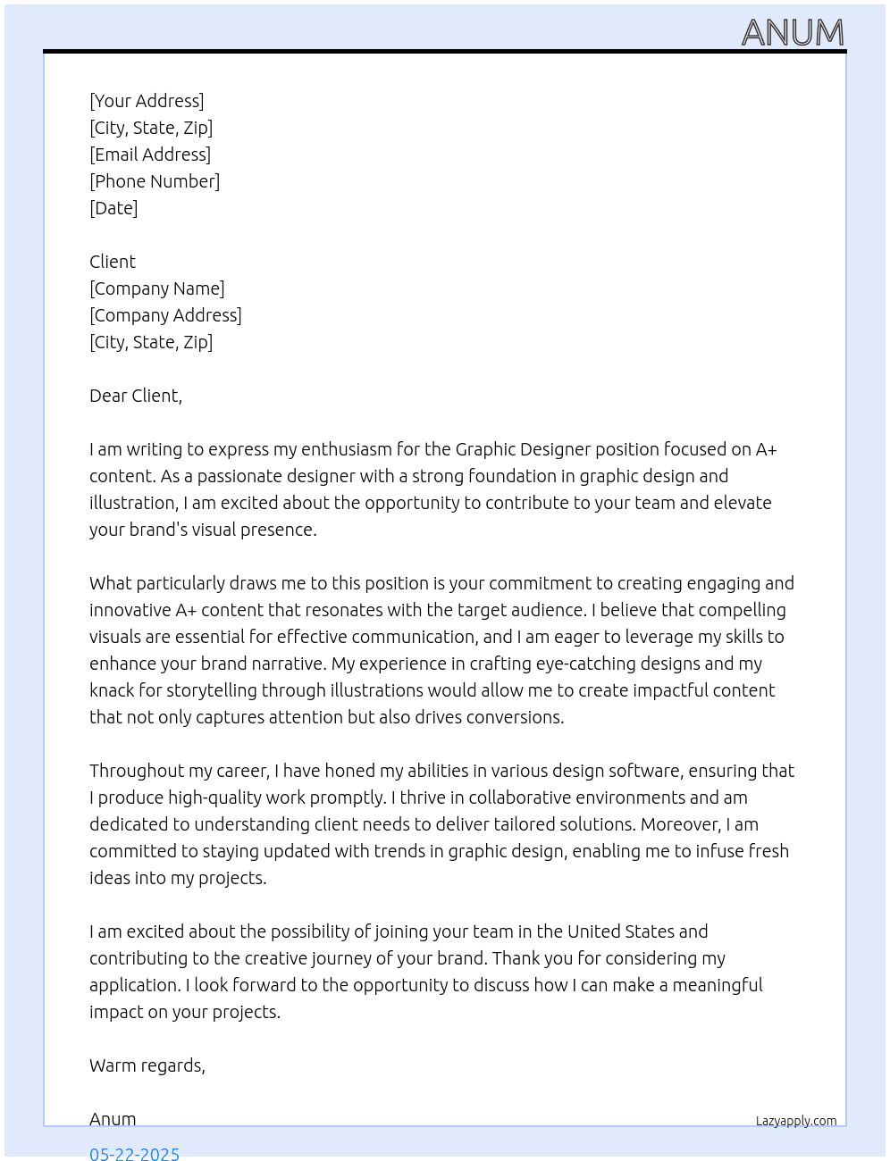 Graphic Designer for A+ content  At none Cover Letter