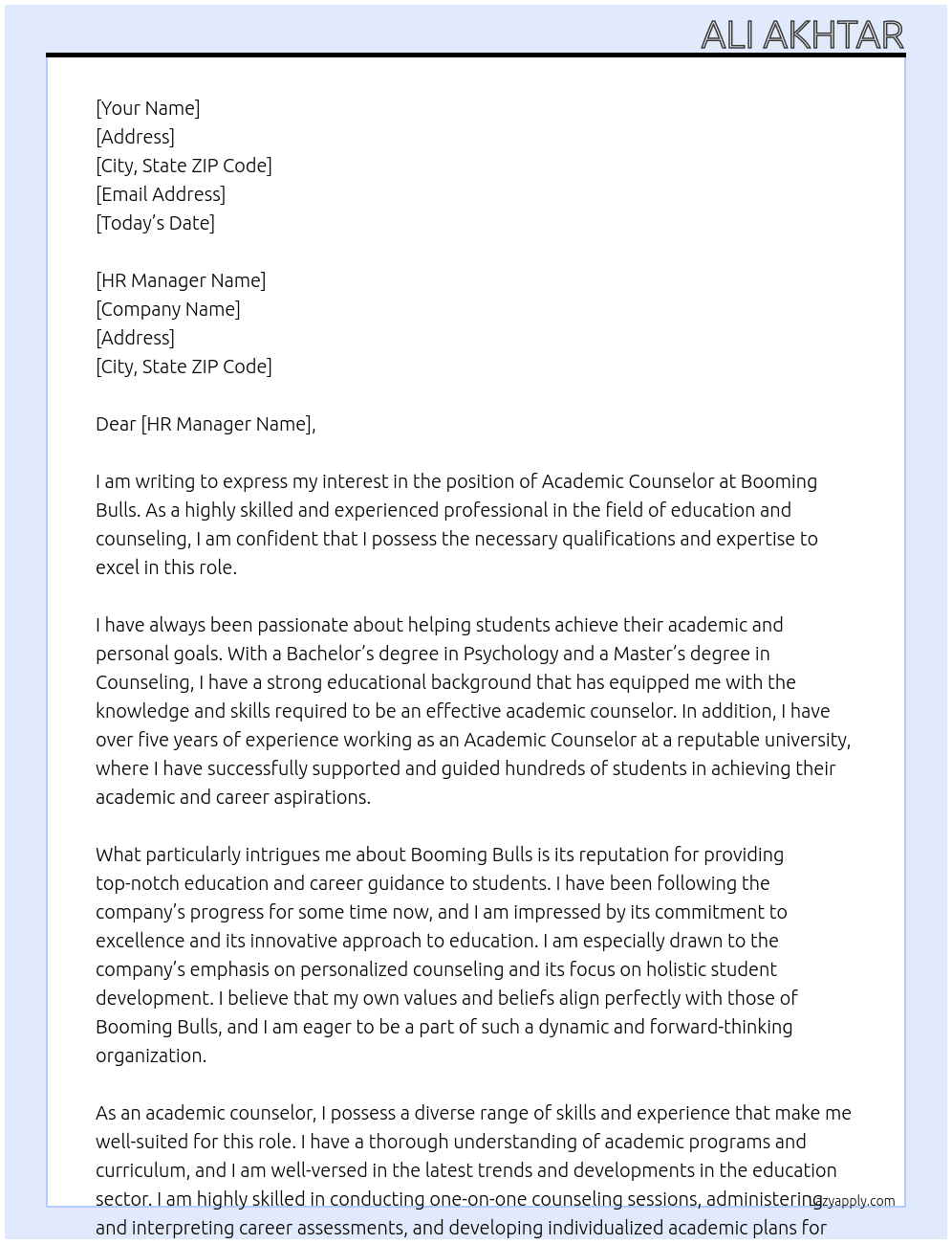 Academic counselor  At Booming bulls Cover Letter