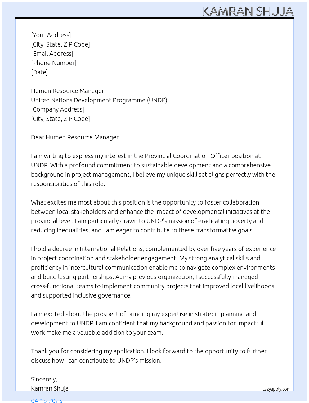 Cover letter for provincial coordination officers - LazyApply