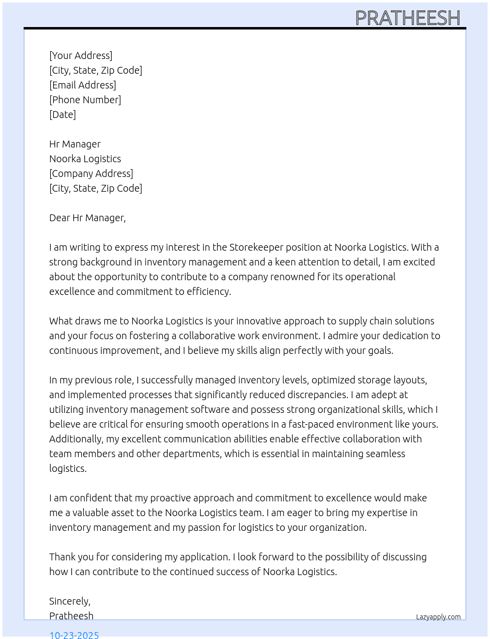Storekeeper  At Noorka logistics  Cover Letter