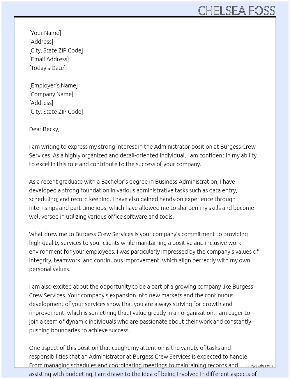 Administrator At Burgess Crew Services Cover Letter