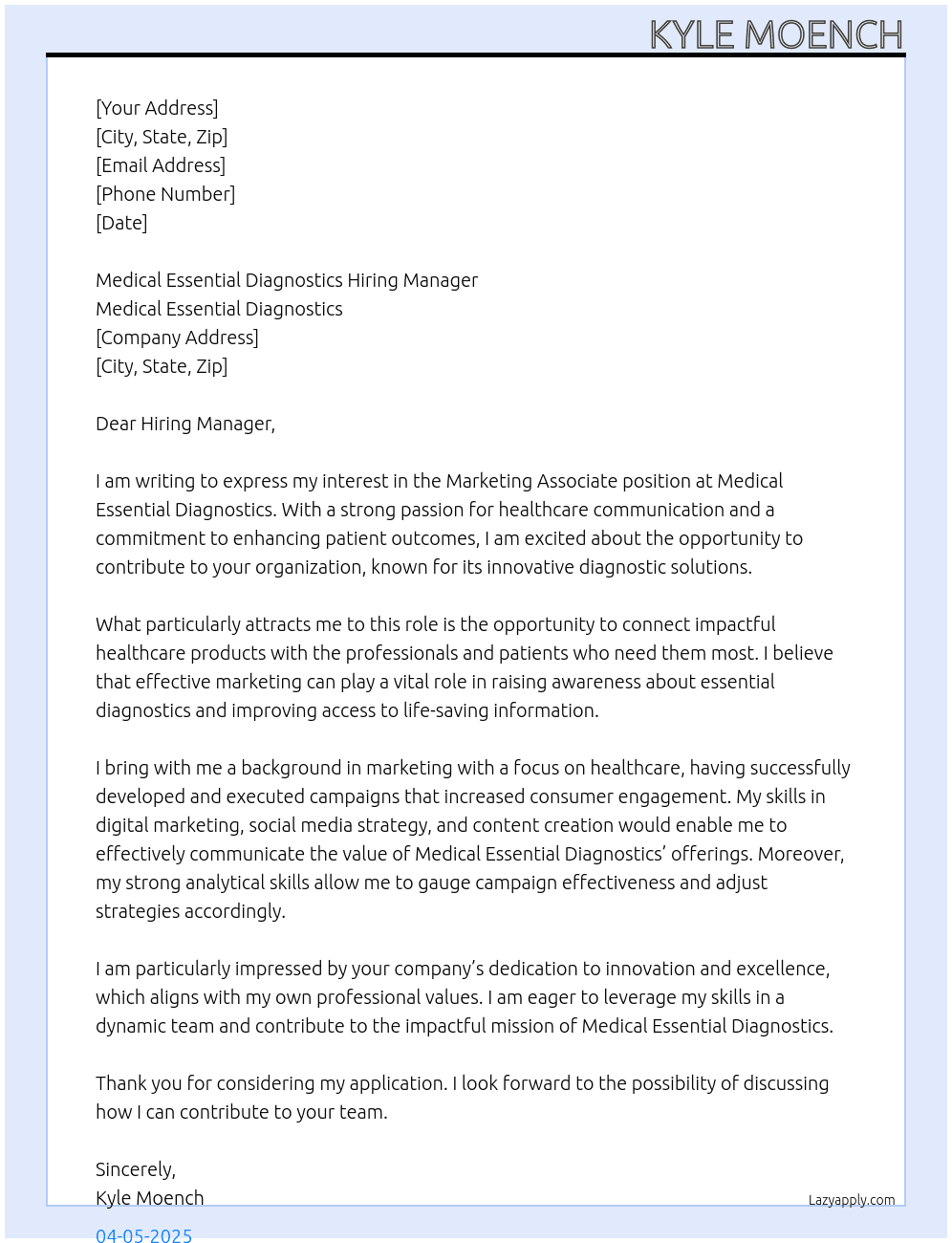 Marketing Associate At Medical Essential Diagnostics  Cover Letter