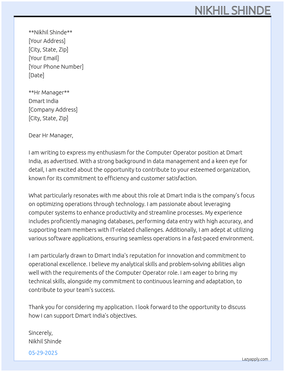 Computer Operator At Dmart India Cover Letter