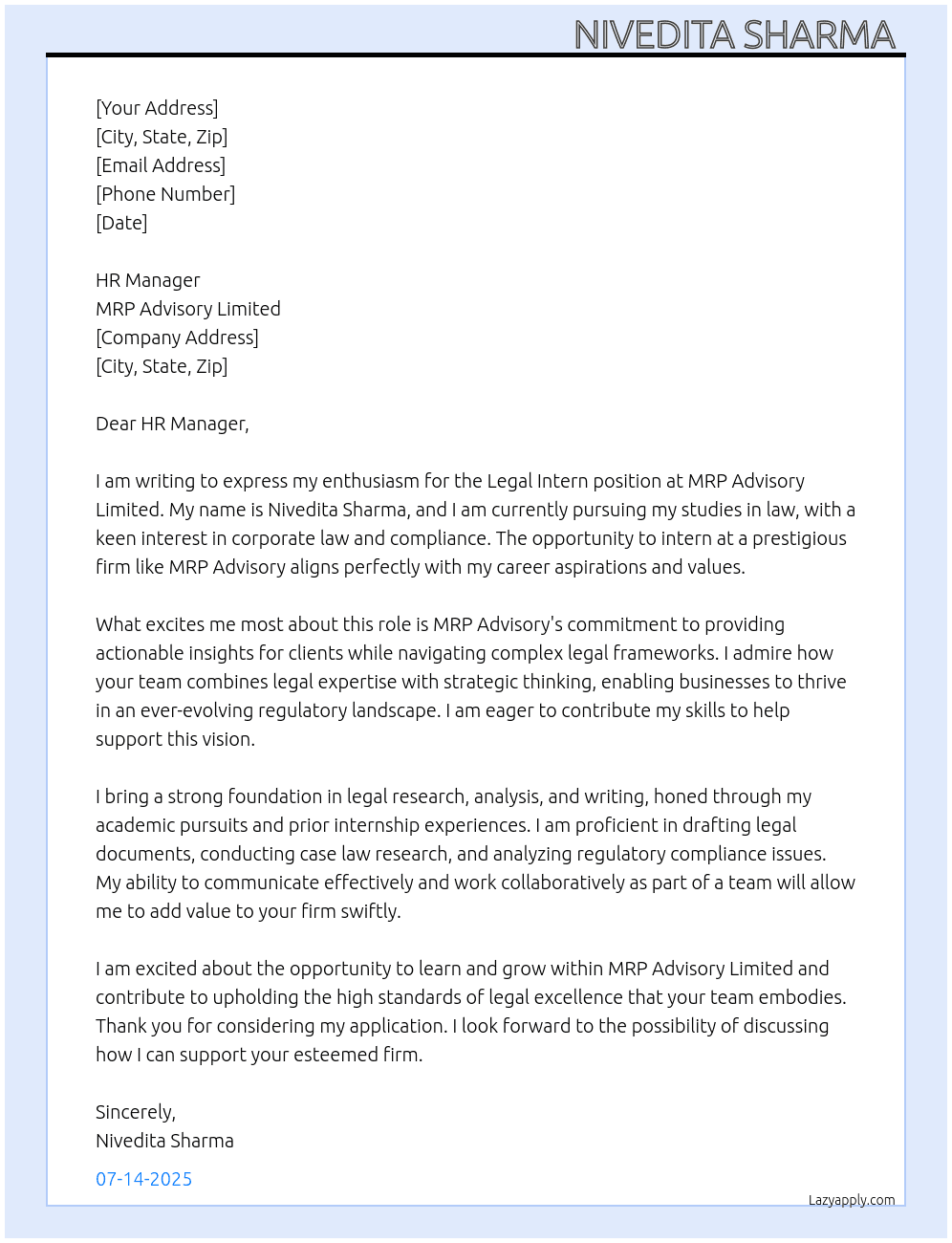 legal intern  At MRP advisory limited  Cover Letter