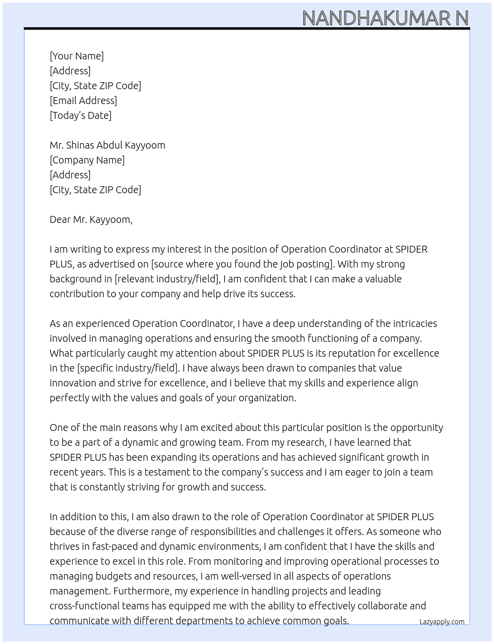 Operation Coordinator At SPIDER PLUS Cover Letter