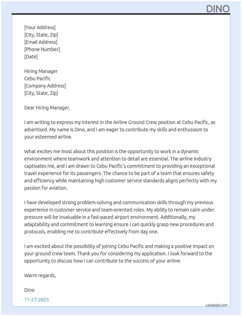 Cover letter for airline ground crew - LazyApply