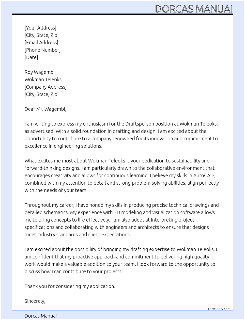 Cover letter for draftsperson - LazyApply