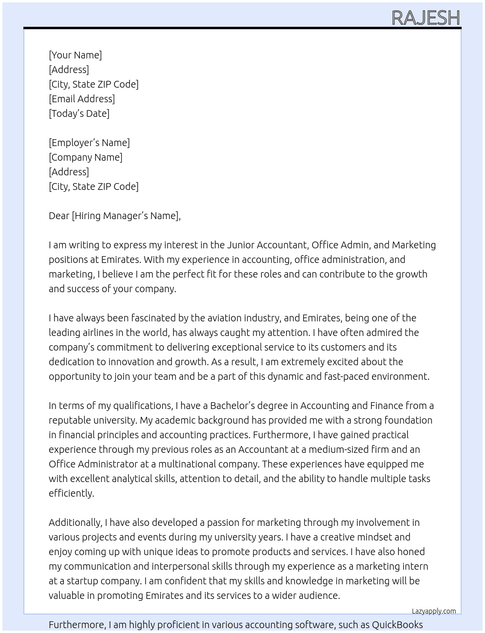 Cover letter for junior accountant ,office admin ,marketing - LazyApply