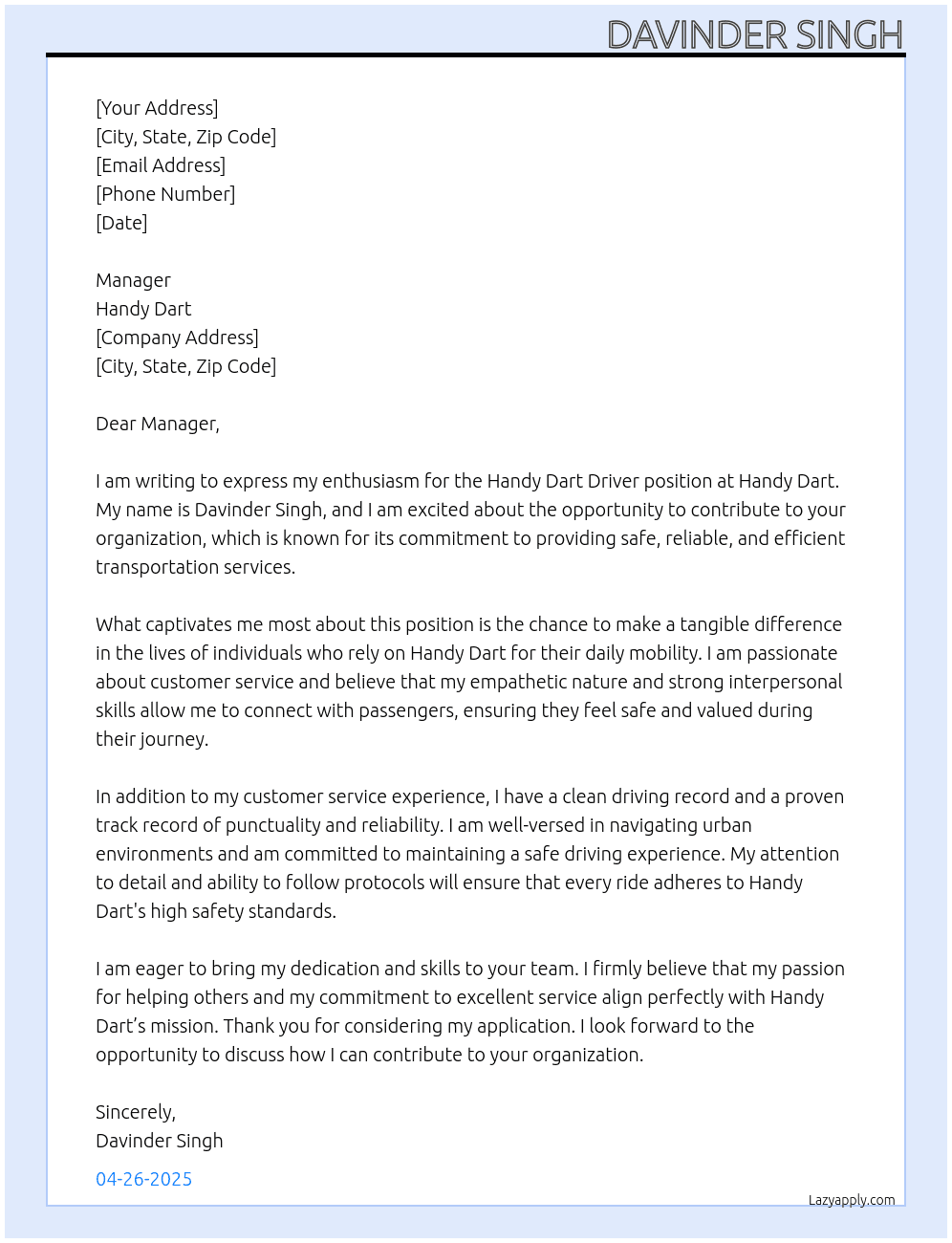 Handy Dart Driver At Handy  Dart Cover Letter