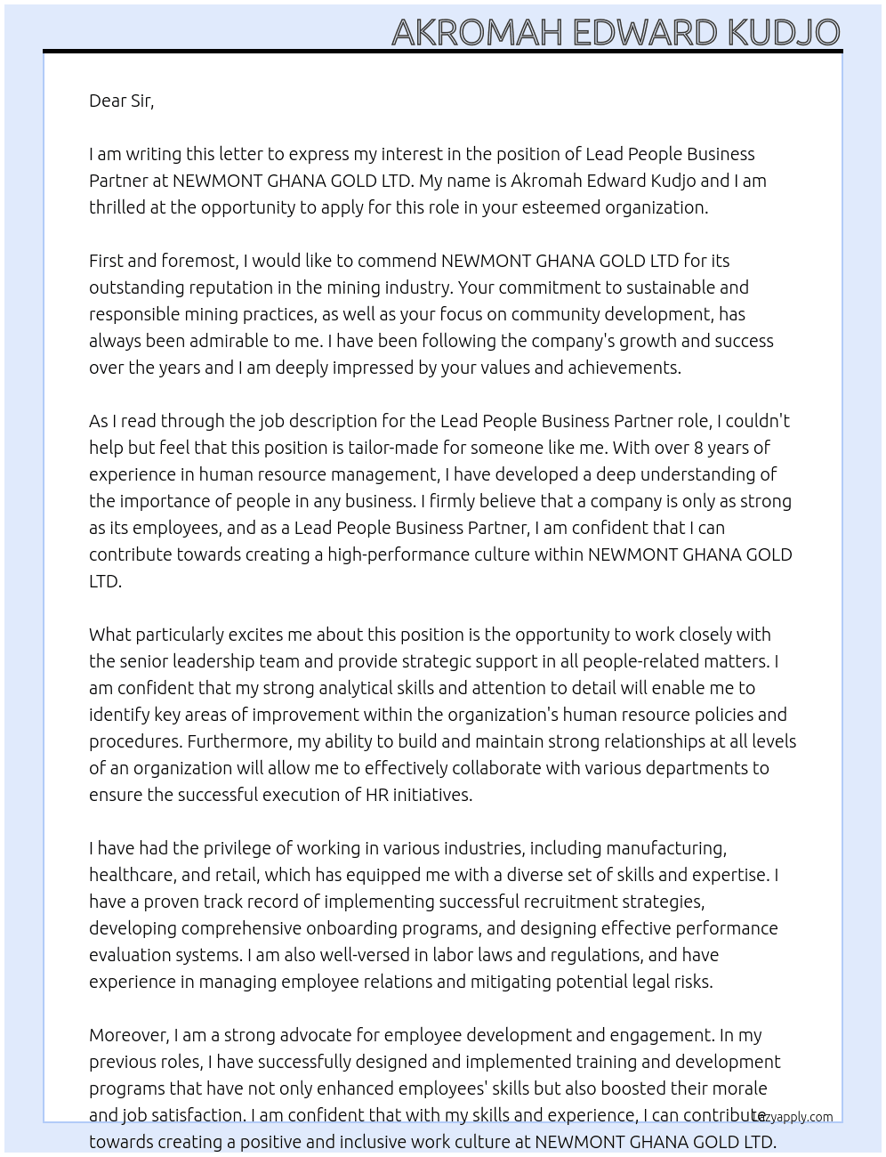 Lead people Businesss partner At NEWMONT GHANA GOLD LTD Cover Letter
