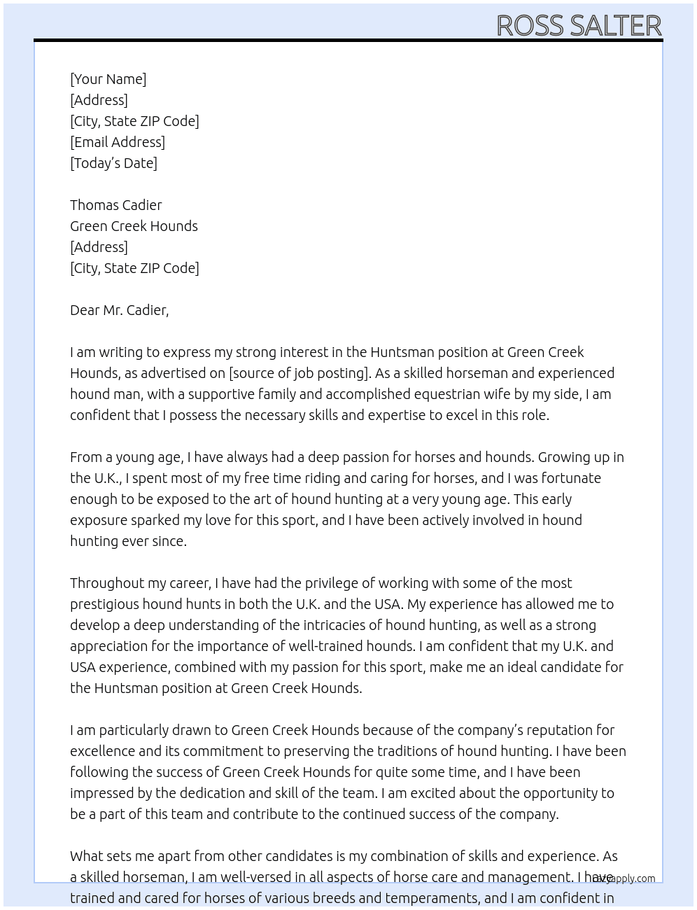 Huntsman  At Green Creek Hounds Cover Letter