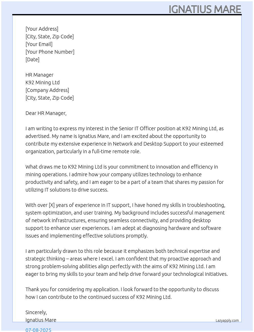 Senior IT Officer At K92 Mining Ltd Cover Letter
