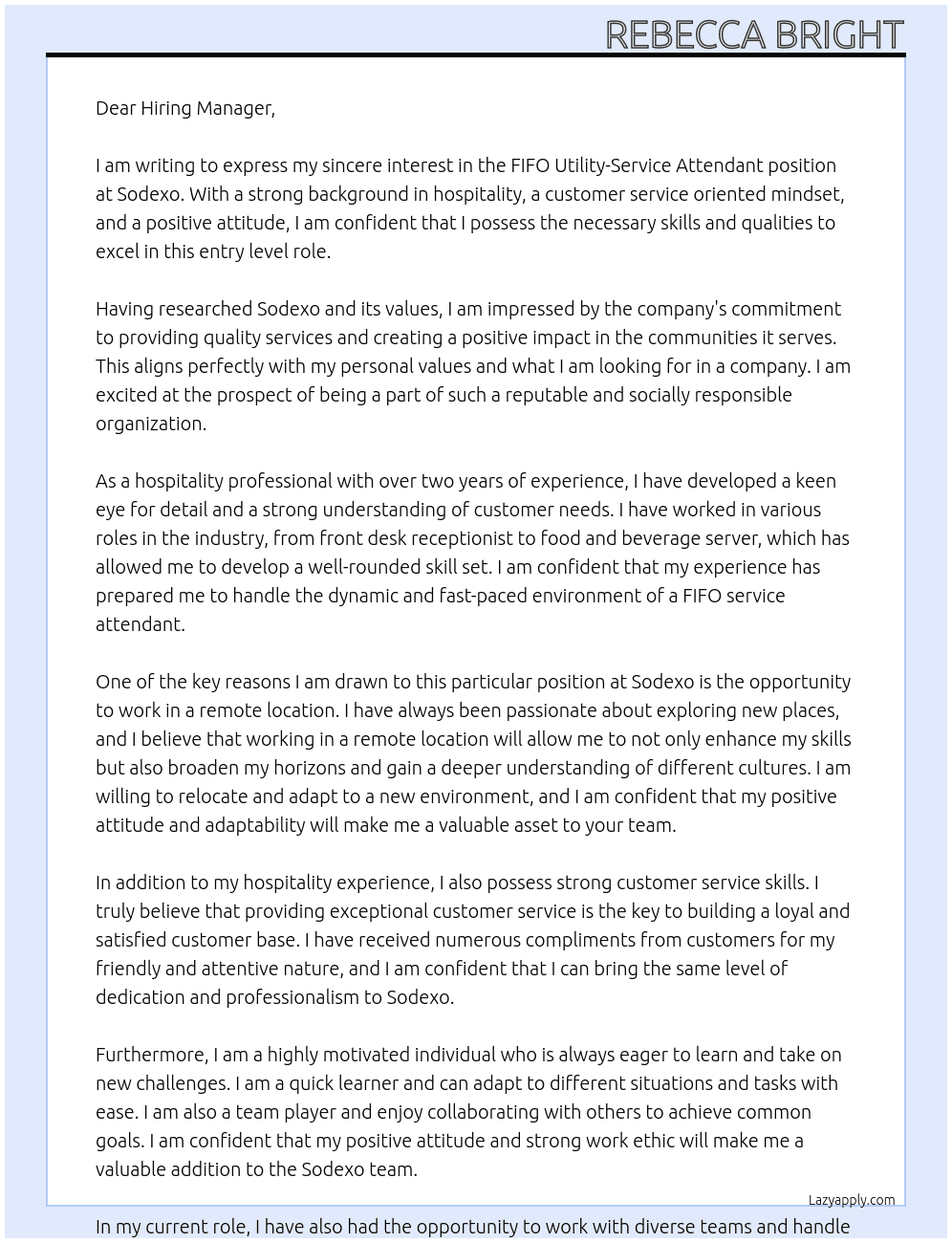 FIFO Utility - Service Attendant At Sodexo Cover Letter