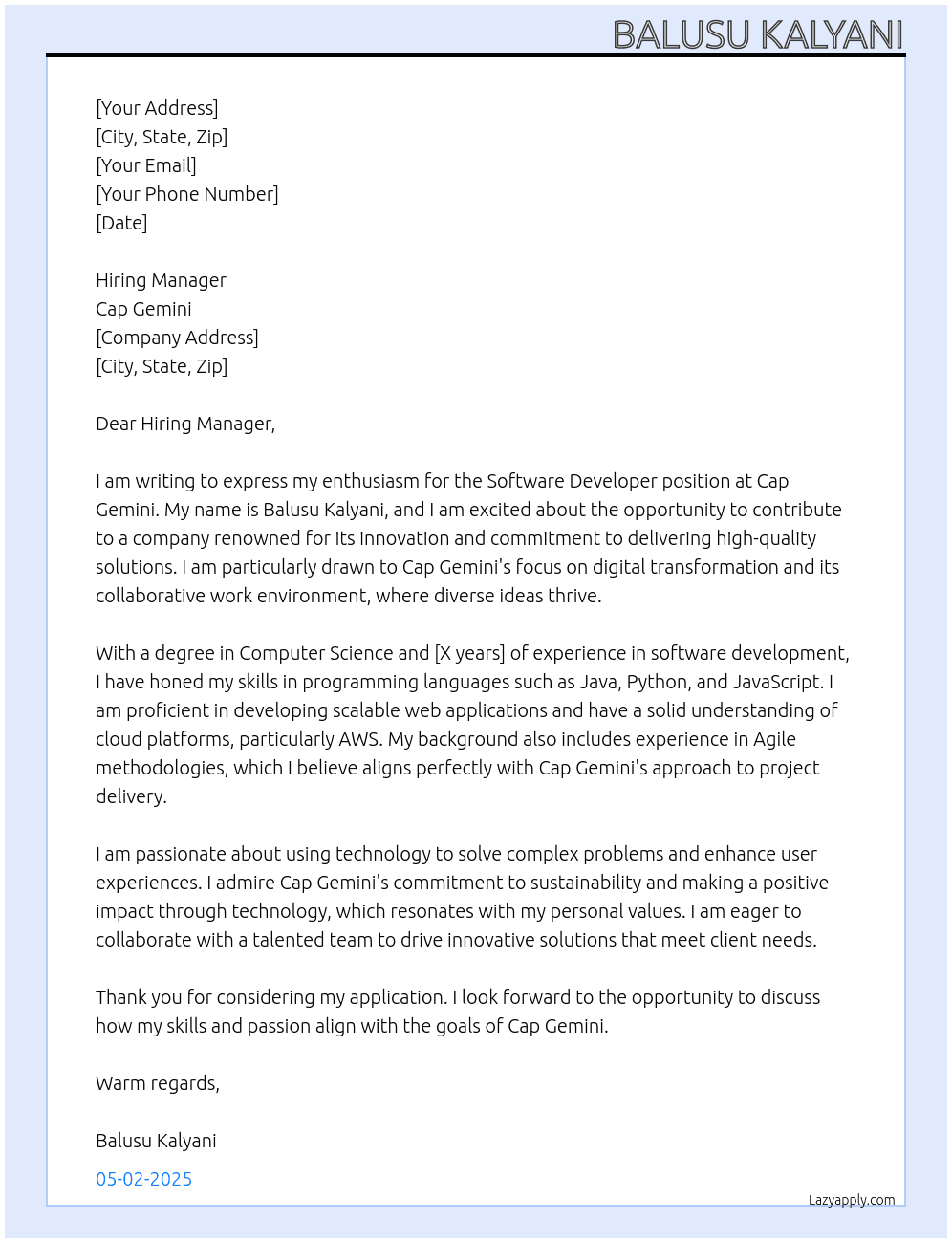 Software developer  At Cap Gemini  Cover Letter