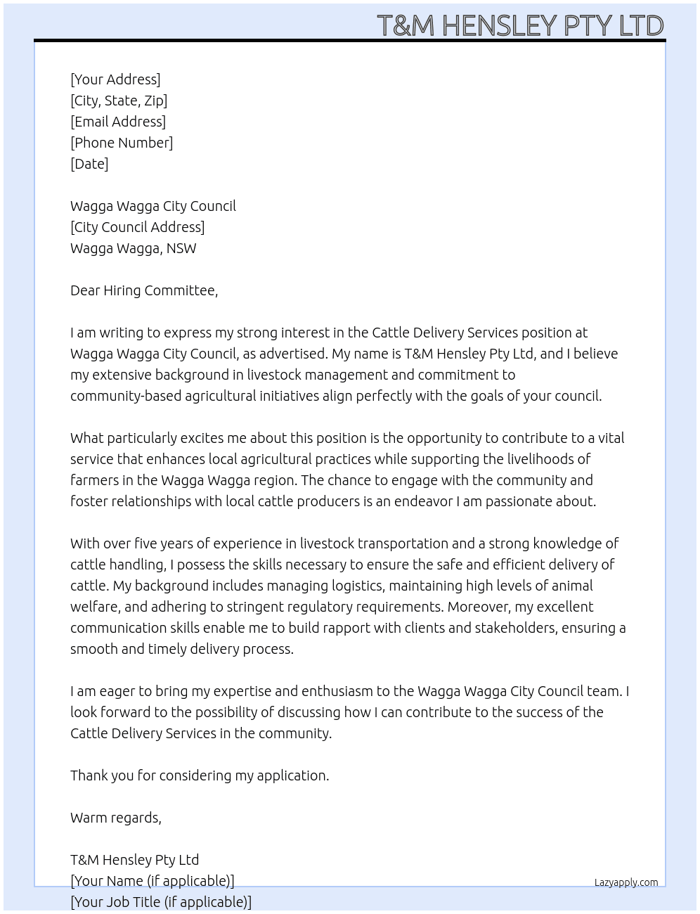 Cover letter for cattle delivery sevices - LazyApply