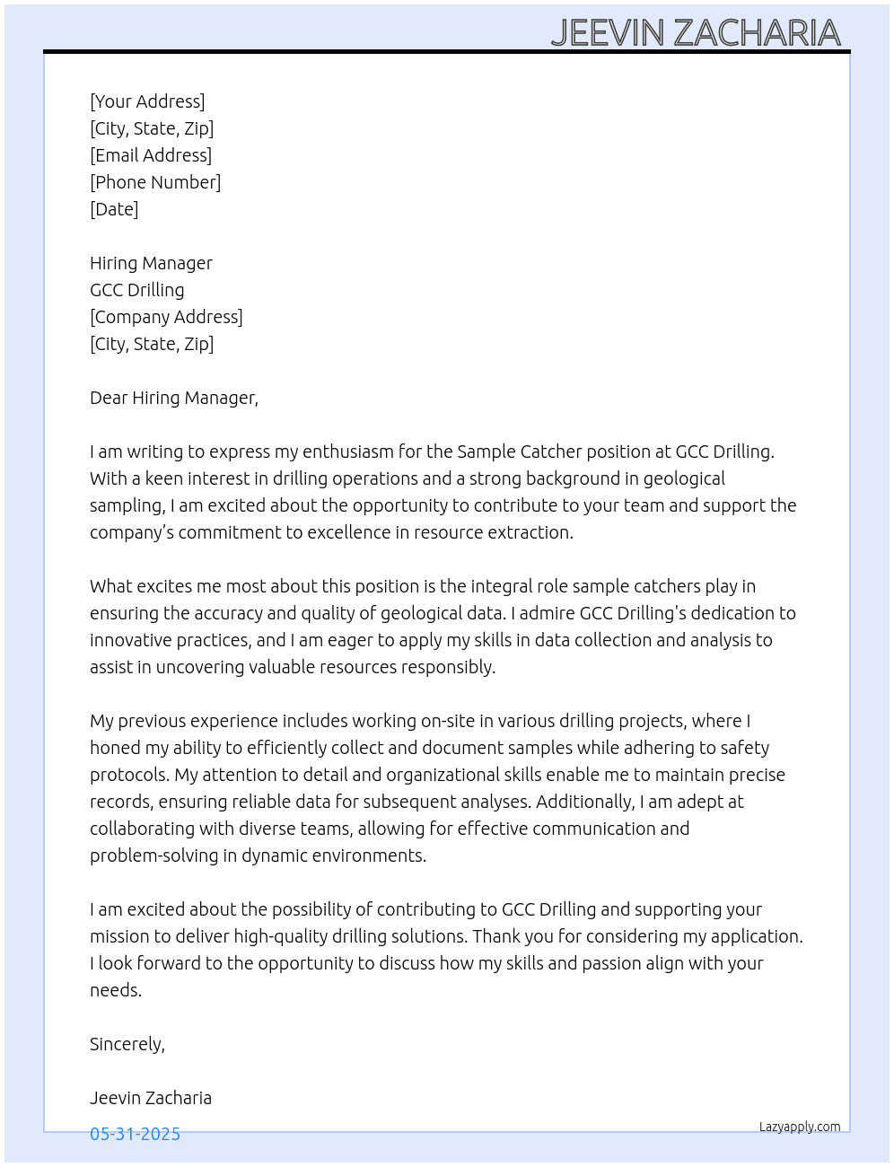 Sample catcher  At Gcc drilling  Cover Letter