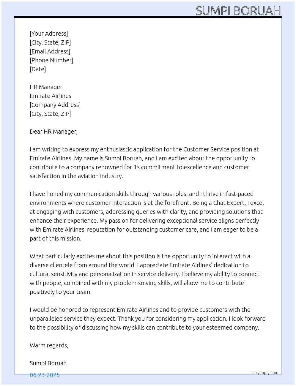 Customer service  At Emirate Airlines  Cover Letter
