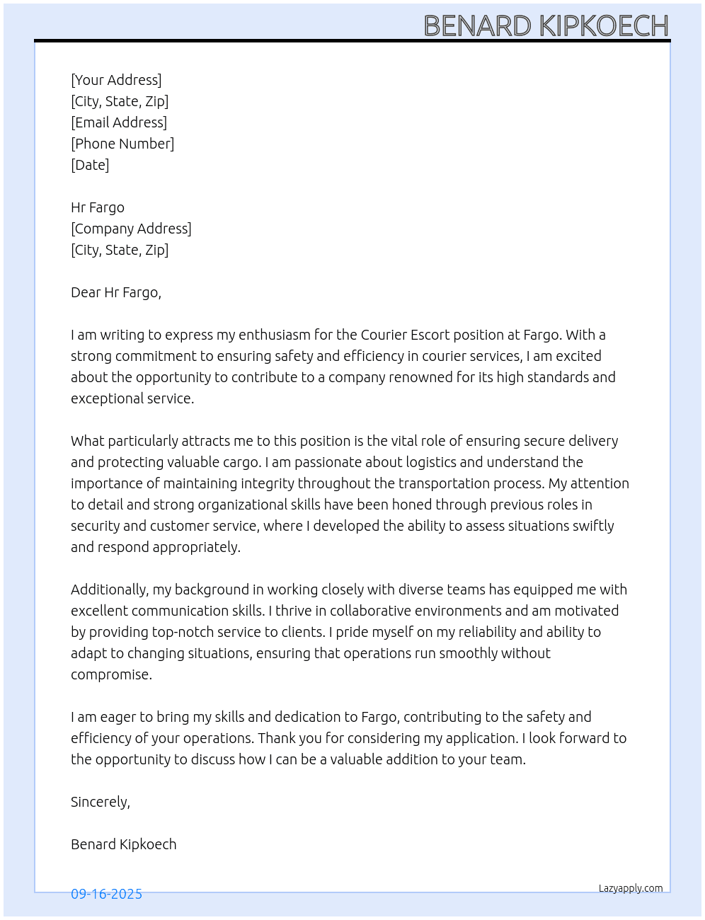 Cover letter for courier escort's position application letter - LazyApply