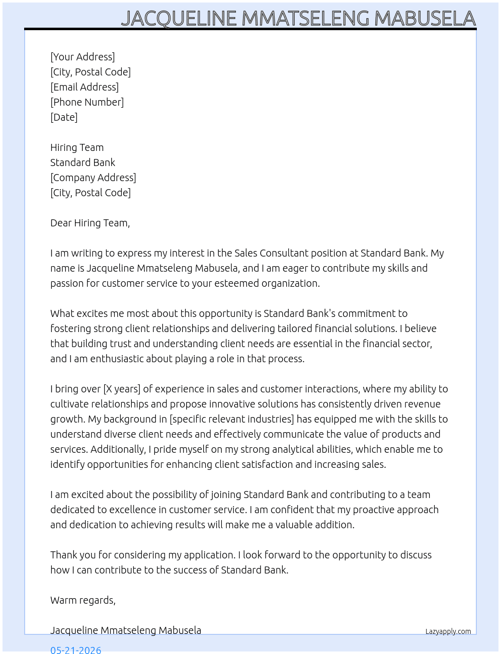 sales consultant At Standard Bank Cover Letter