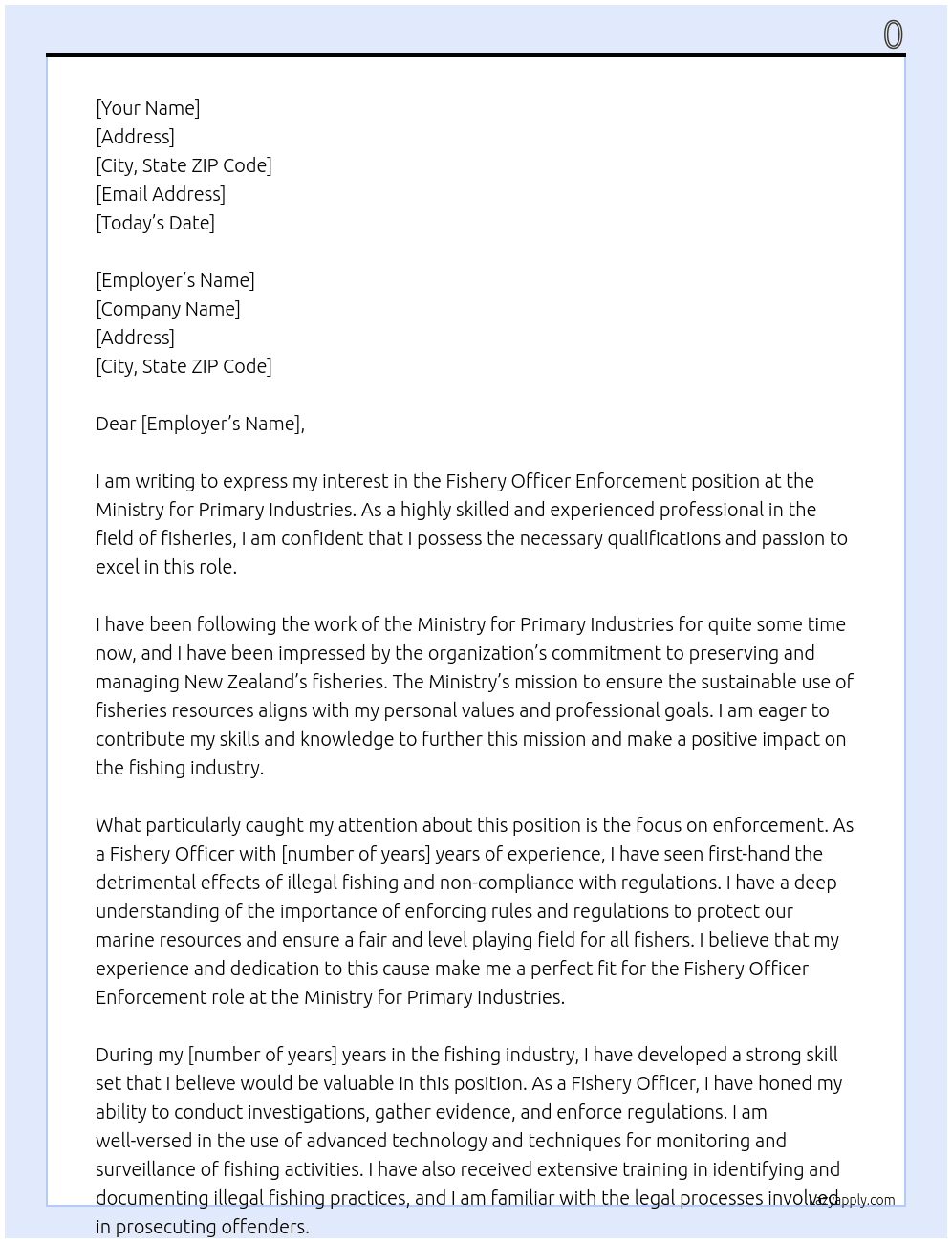 Fishery Officer Enforcement At Ministry for Primary Industries Cover Letter