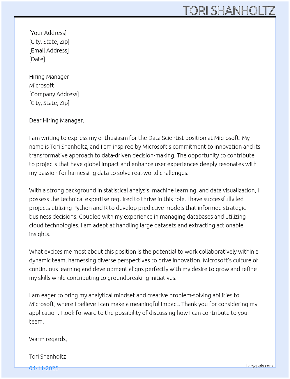 data scientist At microsoft Cover Letter