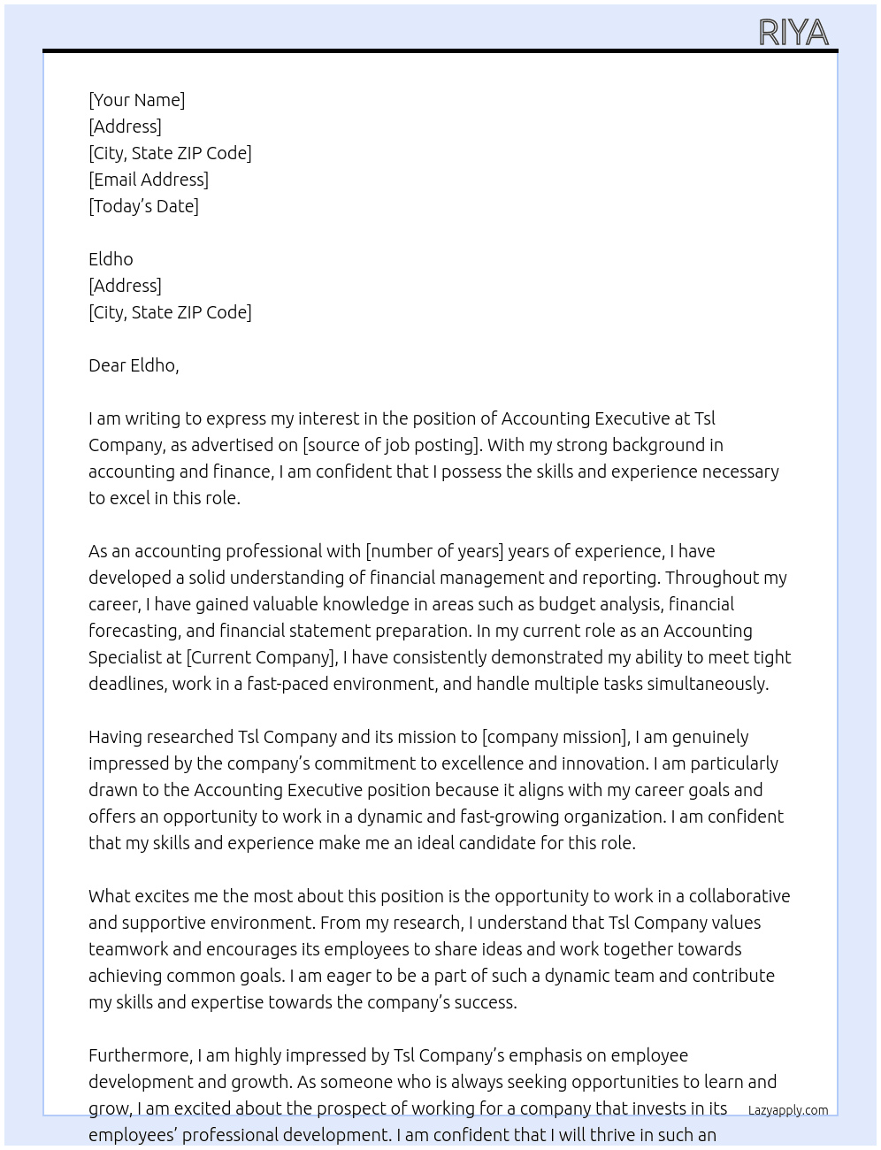 Accounting executive At Tsl company Cover Letter