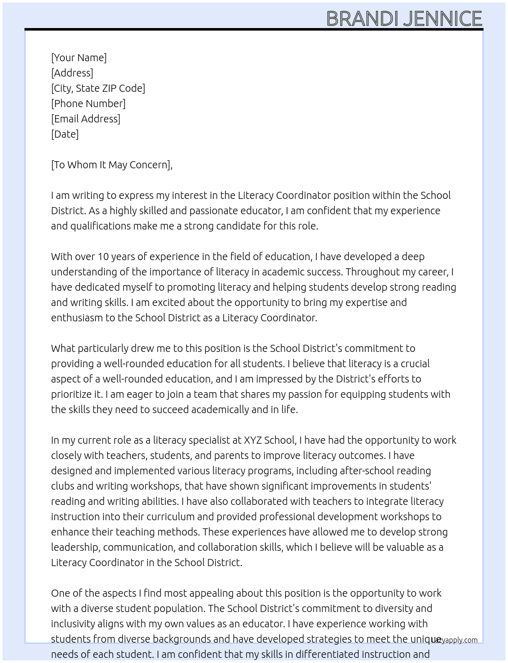 Literacy coordinator  At School district Cover Letter