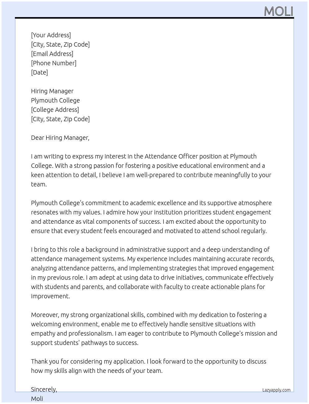 Attendance Officer At Plymouth Colleg Cover Letter