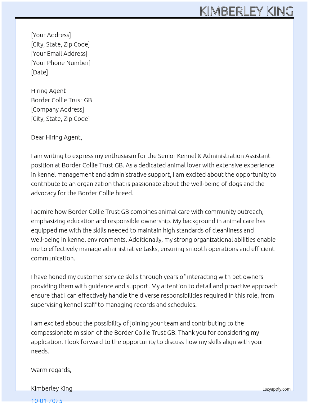 Cover letter for senior kennel & administration assistant - LazyApply