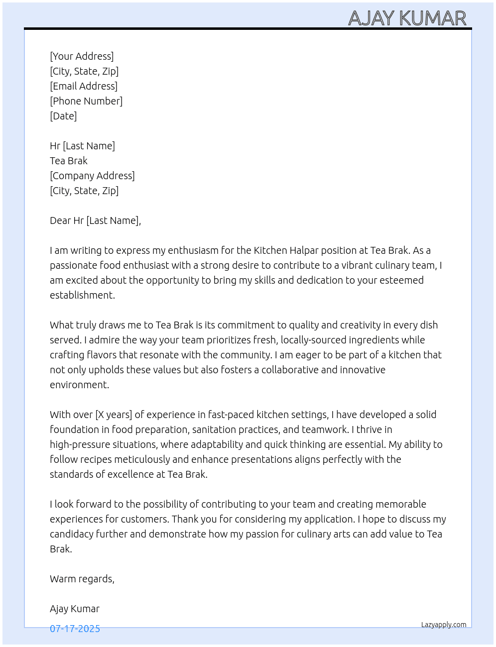 Kitchen Halpar  At Tea brak Cover Letter