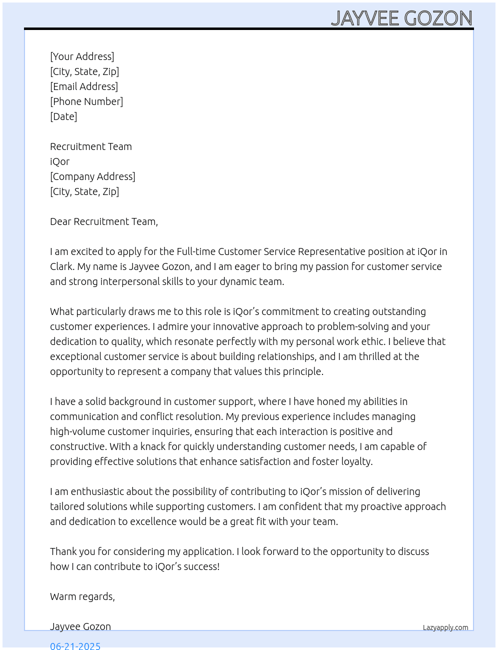 Customer Service Representative At iQor Cover Letter
