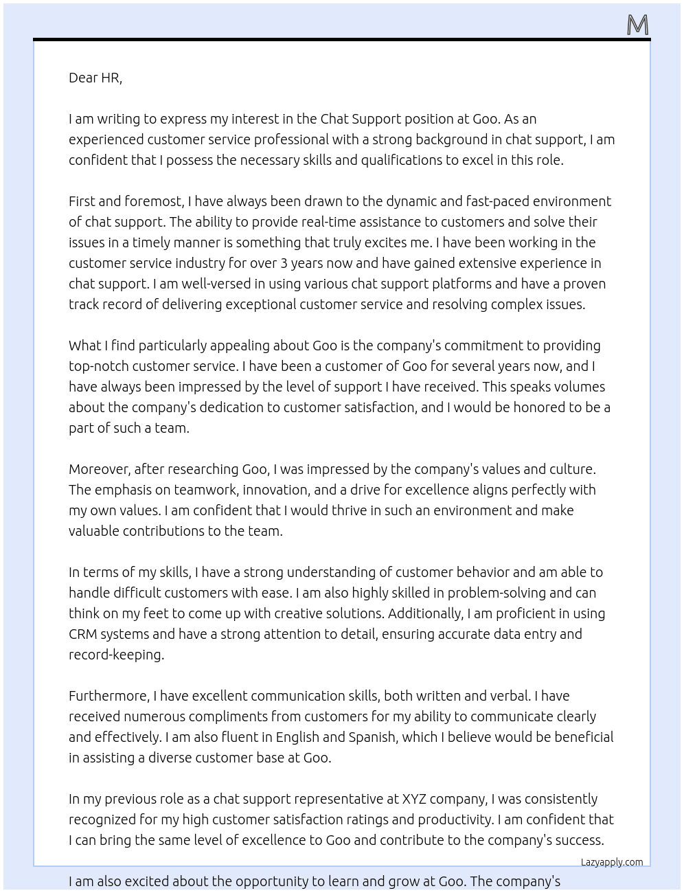Chat support  At Goo Cover Letter