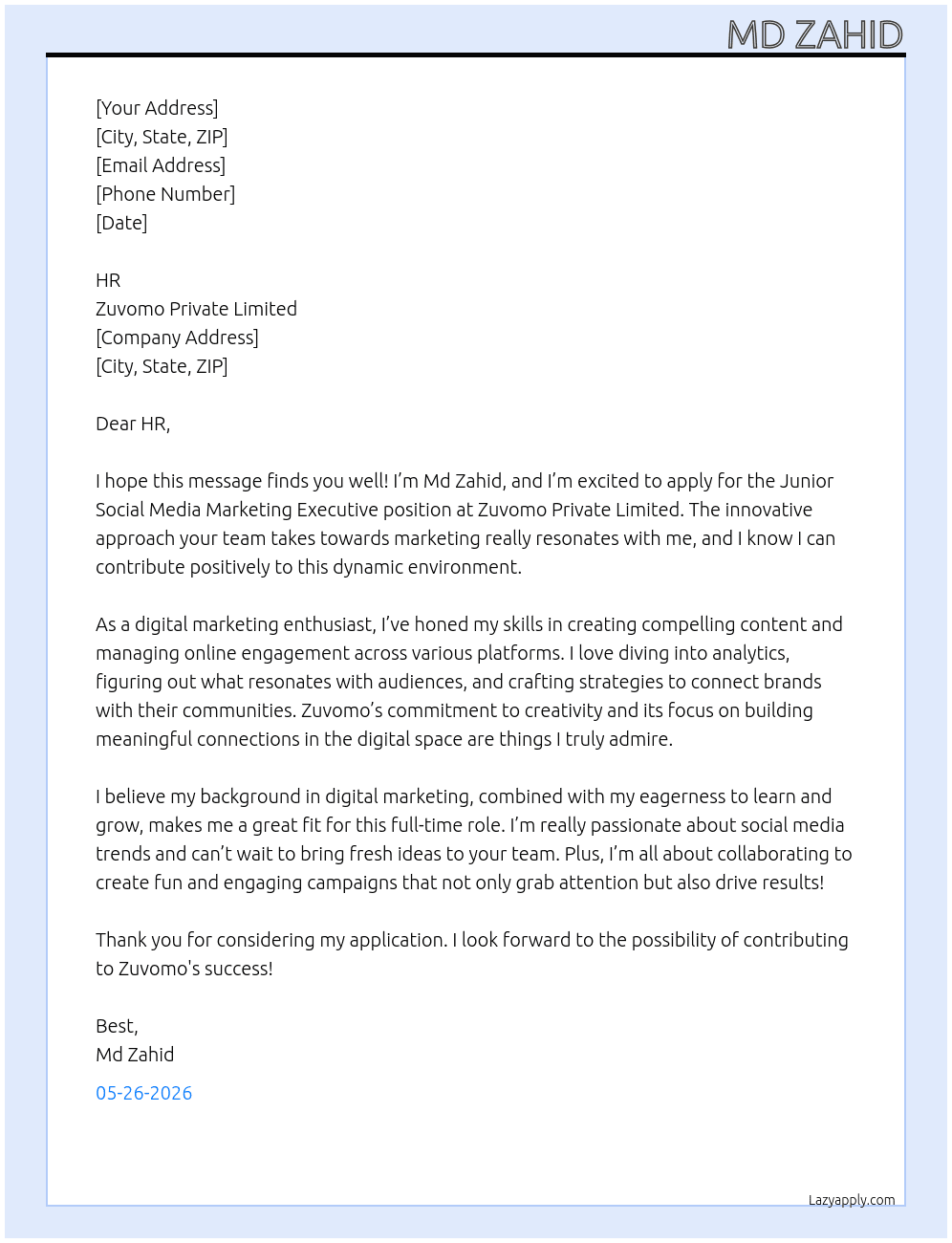 Junior Social Media Marketing Executive At Zuvomo Private Limited Cover Letter