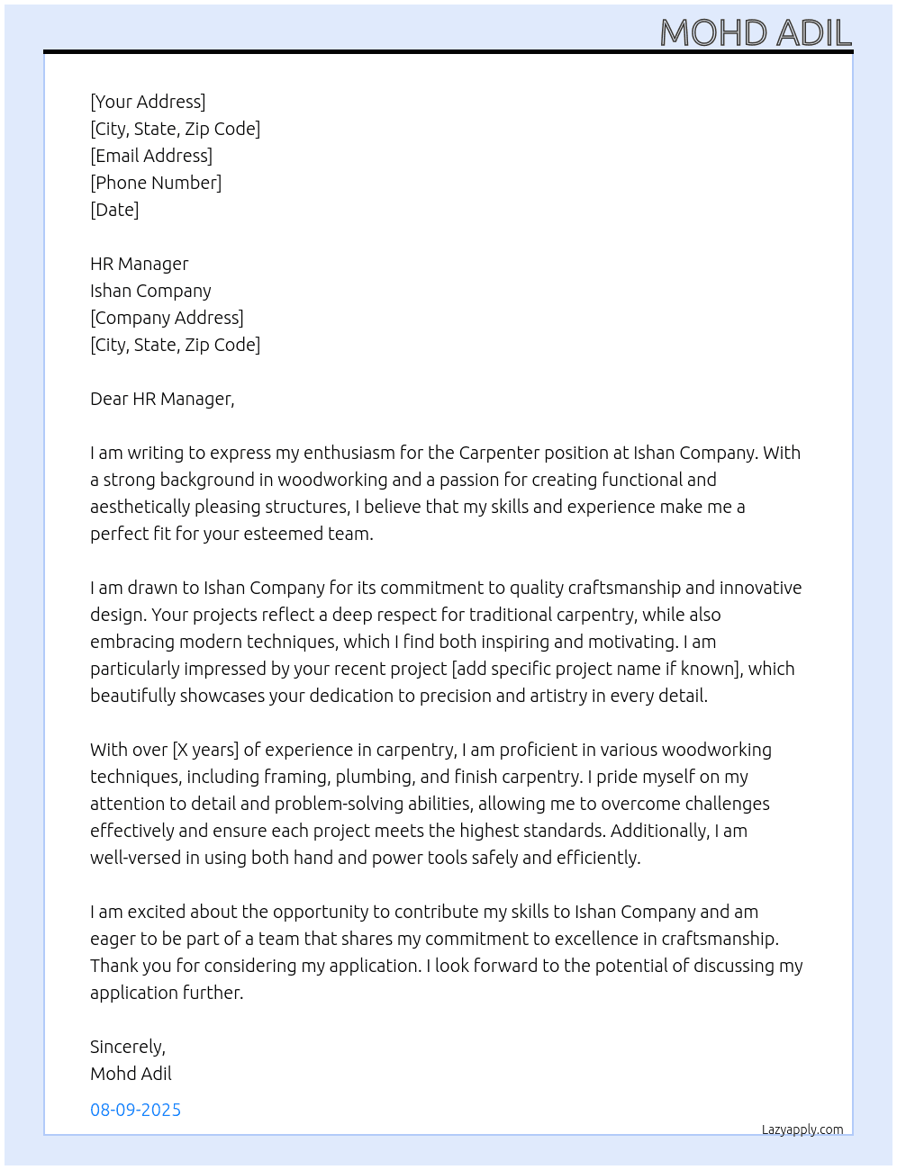 Carpenter At Ishan company  Cover Letter
