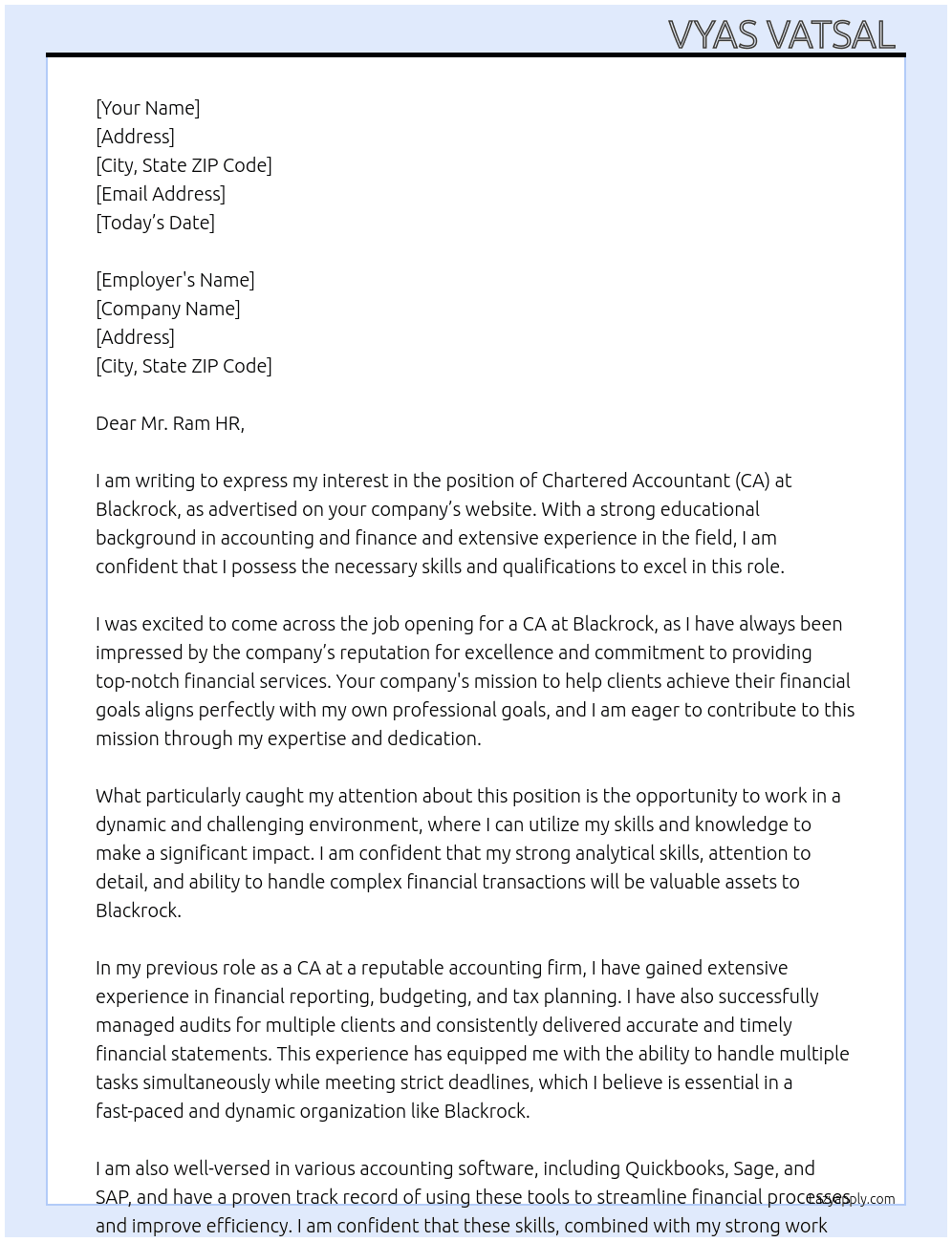 CA At Blackrock Cover Letter