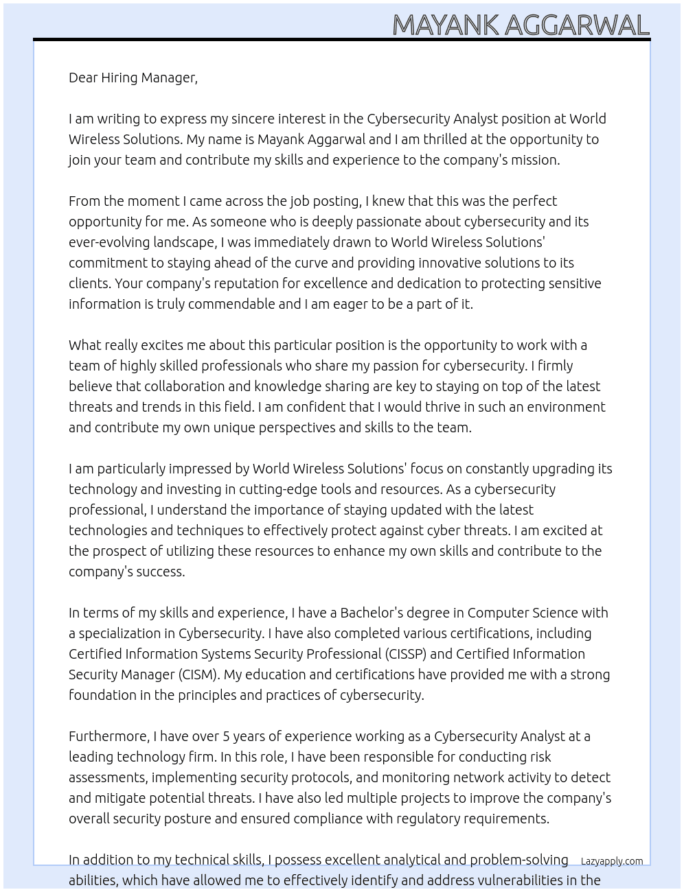 Cybersecurity Analyst At World Wireless Solutions Cover Letter