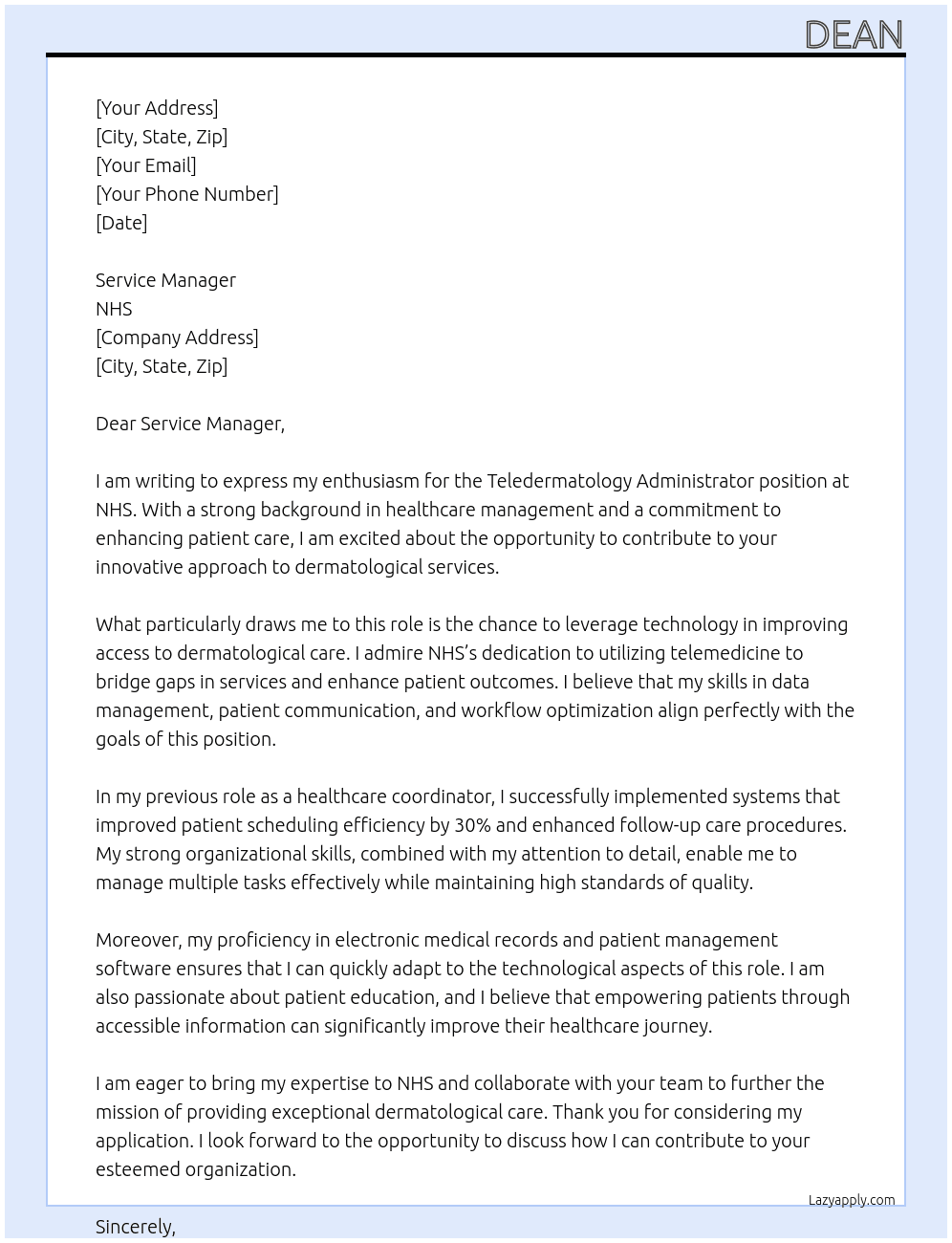 Teledermatology Administrator At NHS Cover Letter
