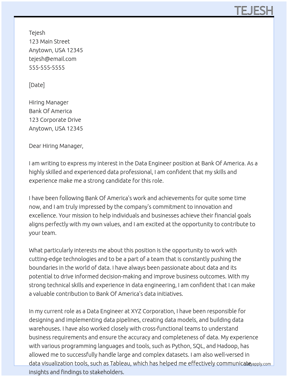 Data Engineer At Bank Of America Cover Letter