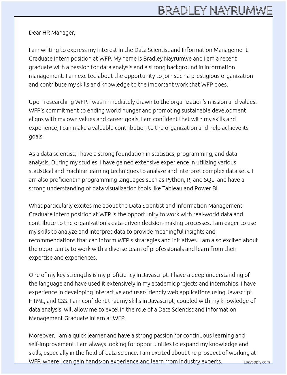 Cover letter for data scientist and information management graduate intern - LazyApply