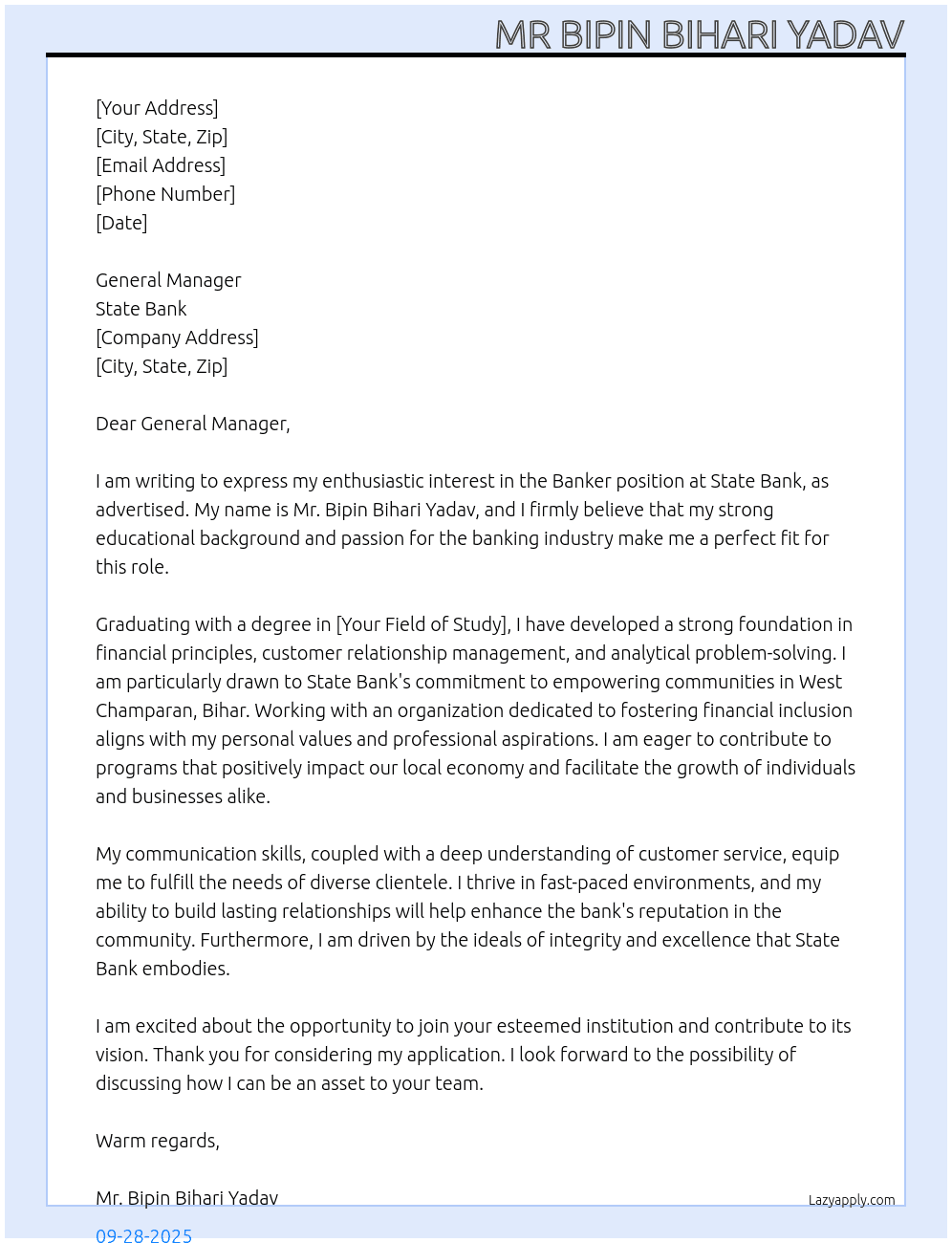 Cover letter for banker - LazyApply
